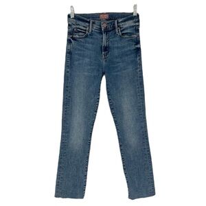 Mother The Rascal Ankle Fray Straight Leg Dark Wash Jeans in Bonfire Lightning
